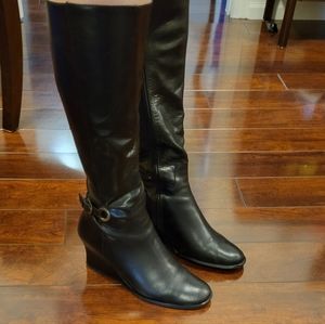 Town Shoes Women's Knee High Black Leather Wedge Heel Boot- Size 39